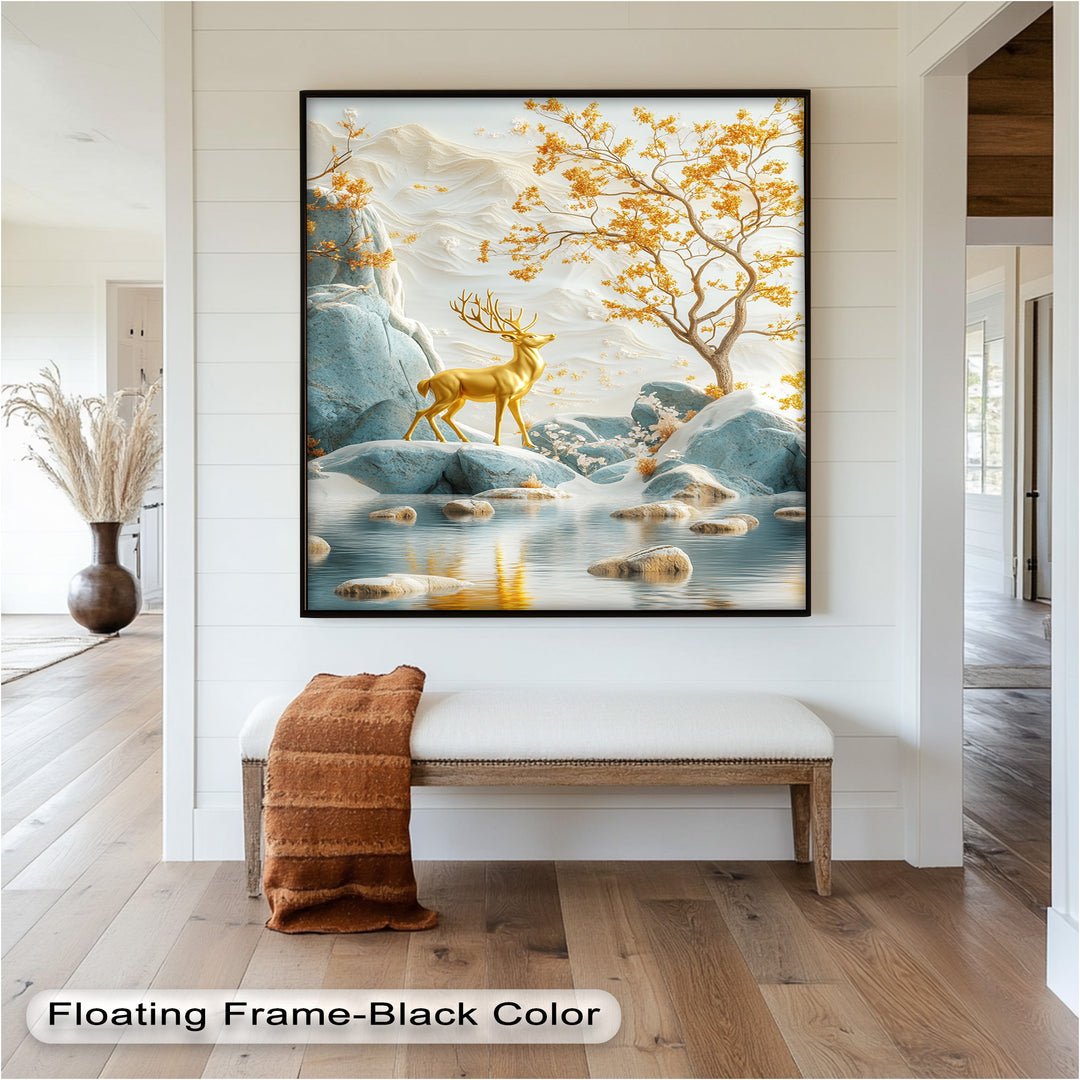 Golden Deer in Snowy Mountain - Animal Oil Painting