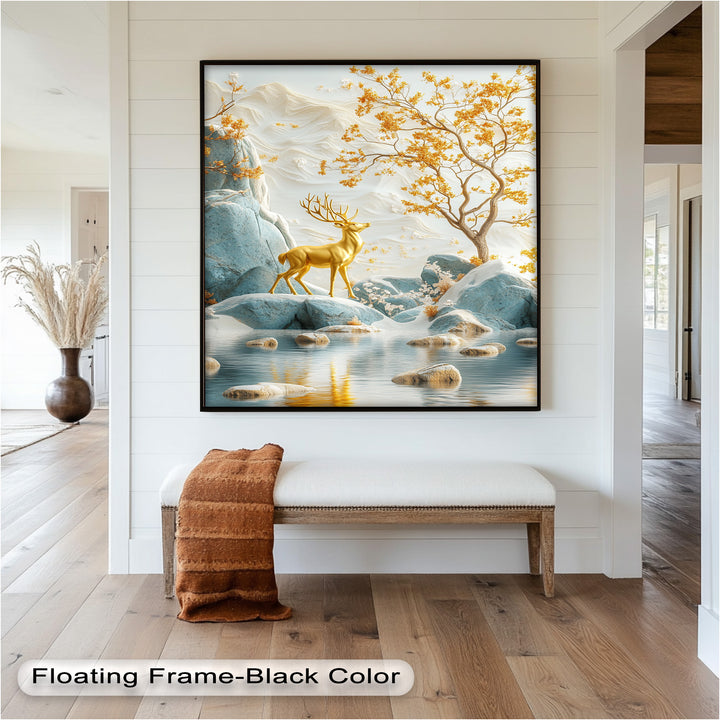 Golden Deer in Snowy Mountain - Animal Oil Painting