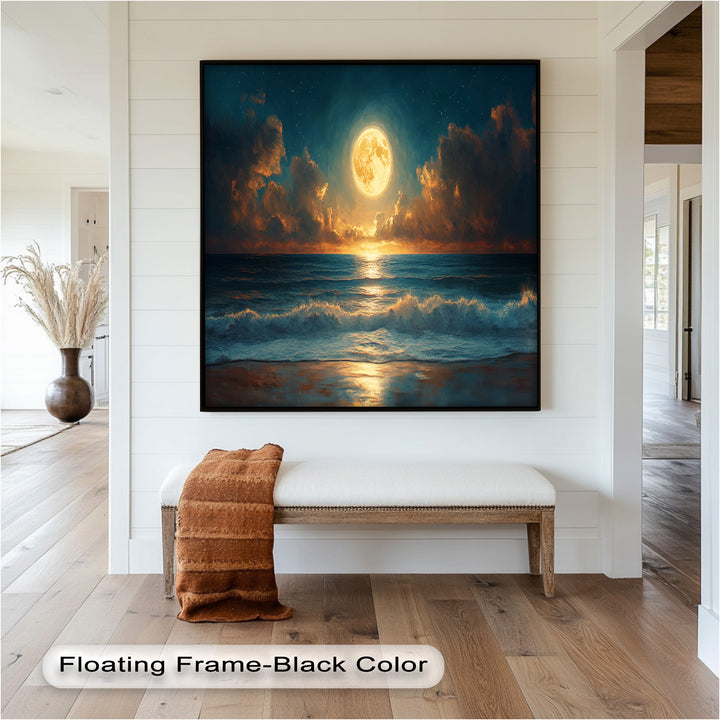 Ocean Night Wall Art Decor - Full Moon Seascape Oil Painting