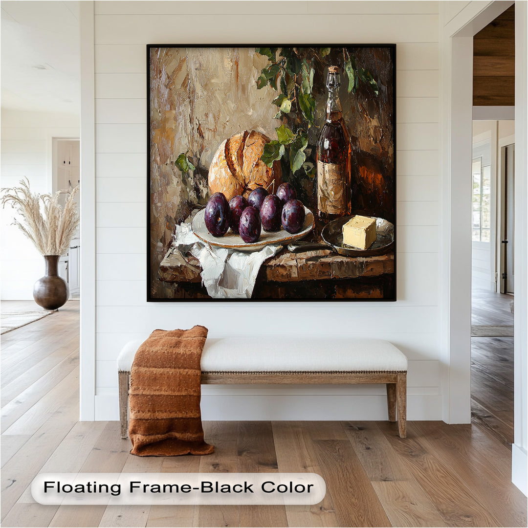 With lifelike detail and earthy colors, this painting celebrates the simple pleasures of food and tradition in a timeless rustic setting.

