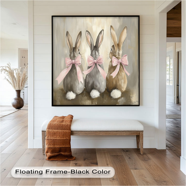 Trio of Bunnies with Pink Bows – Animal Oil Painting