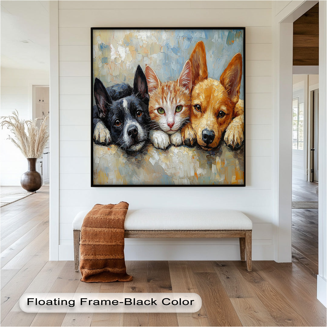 Cat and Dogs Resting Together - Animal Oil Painting