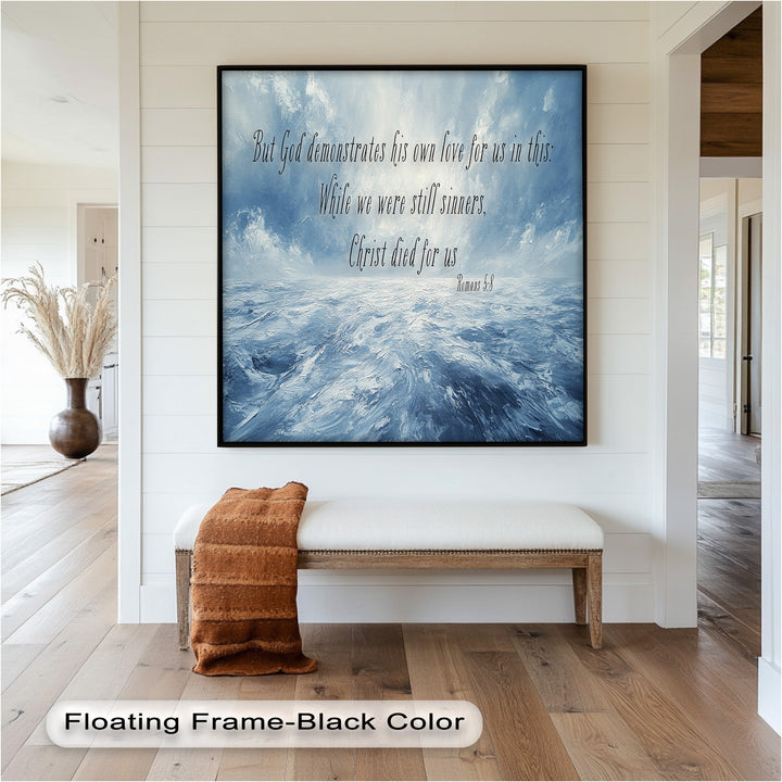 Serene Blue Waves Painting with Romans 5:8 – Spiritual Wall Decor

