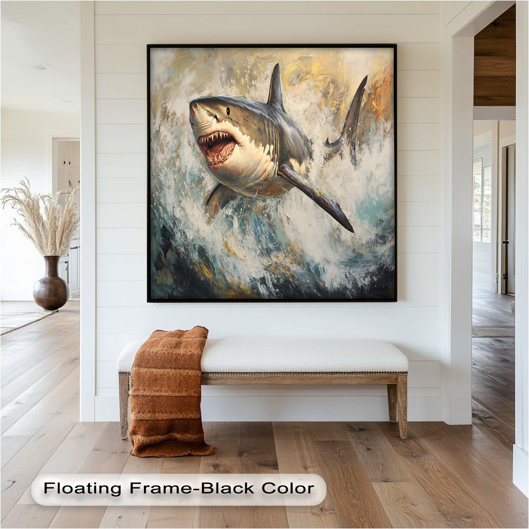 Ferocious Great White Shark Leaping Through Waves - Animal Oil Painting