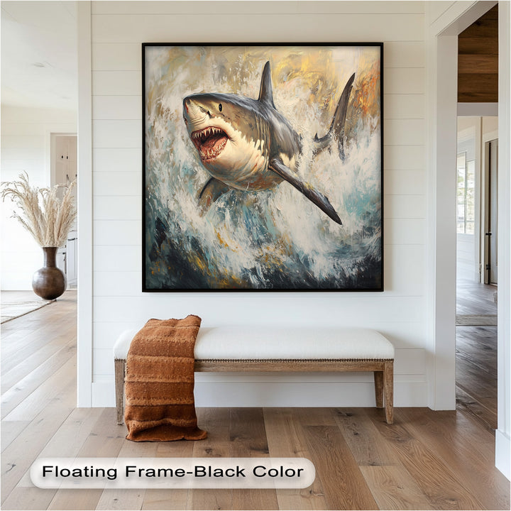 Ferocious Great White Shark Leaping Through Waves - Animal Oil Painting