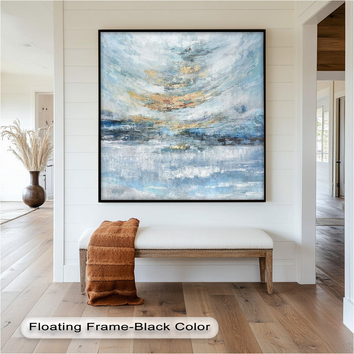 Abstrakte blaue gerahmte Kunst – Modernes expressionistisches Ölgemälde