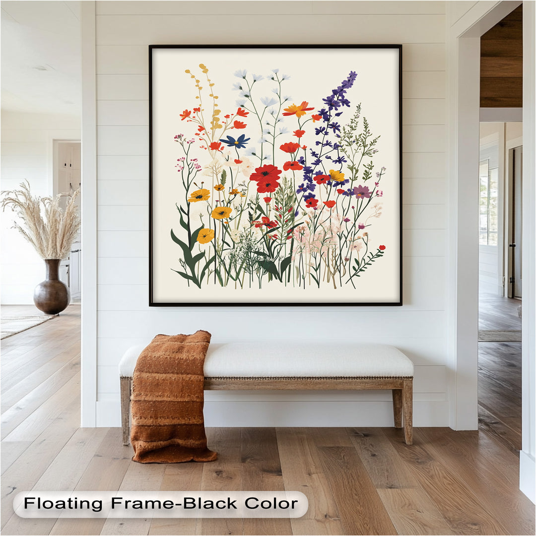 Wild Meadow Bloom – Farbenfrohes botanisches Ölgemälde im Boho-Stil