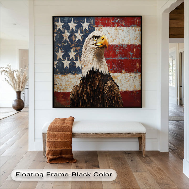 Adler mit amerikanischer Flagge – Patriotisches Ölgemälde