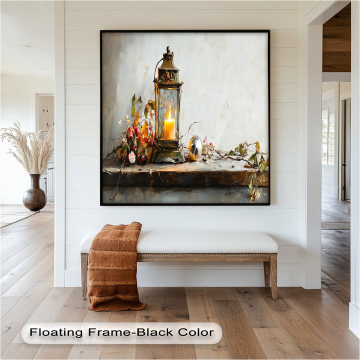 Bronze Candle Lantern Art – Winter Decor Oil Painting