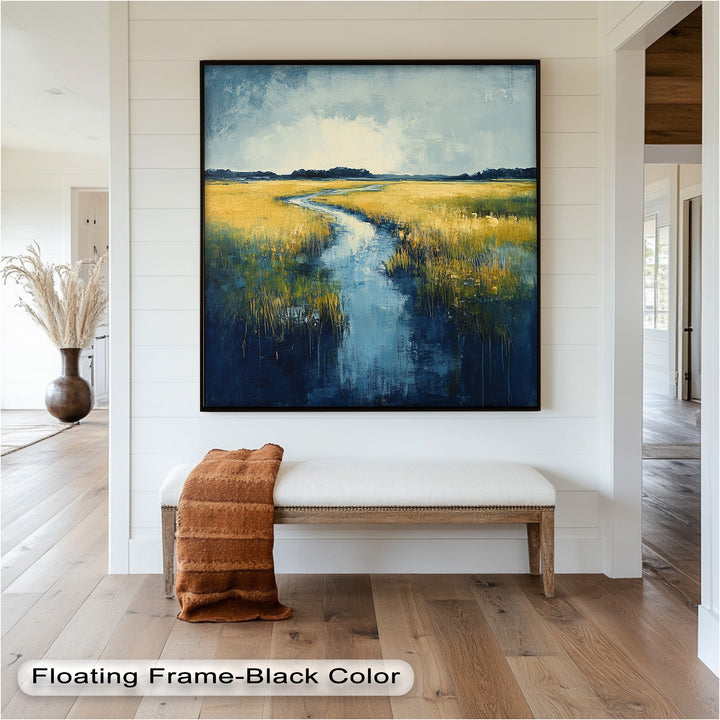 Golden Fields and Blue Stream – Contemporary Landscape Oil Painting