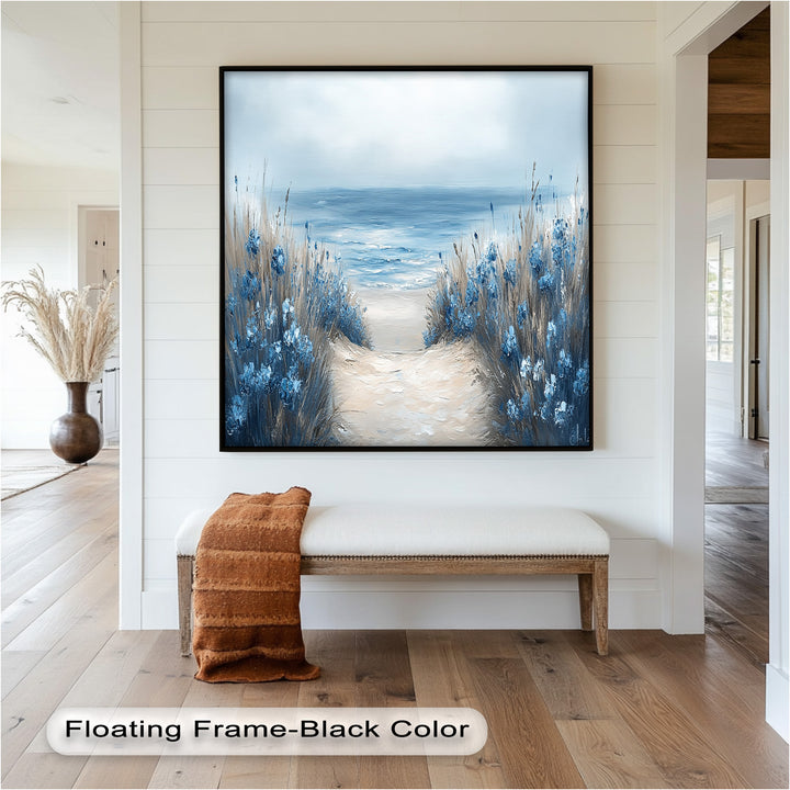 An inviting shoreline scene in soft pastel tones, where floral dunes meet the calm blue horizon.