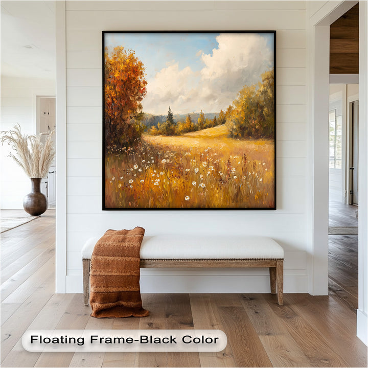 Celebrate the peaceful beauty of autumn with this hand-painted oil masterpiece. The rustic countryside, delicate wildflowers, and golden tones create an inviting atmosphere, making this framed wall art an ideal addition to any room.