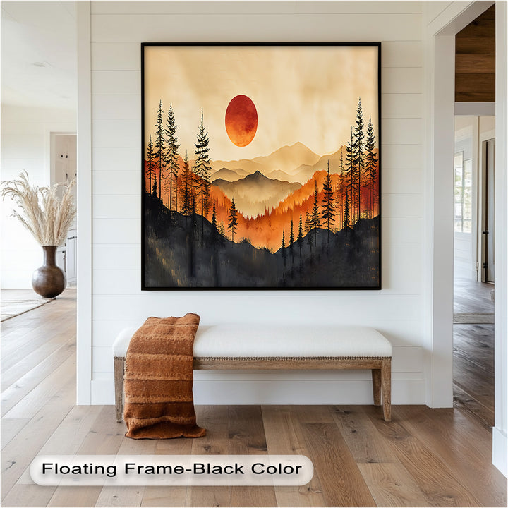 Red Sunset Landscape - Forest Oil Painting