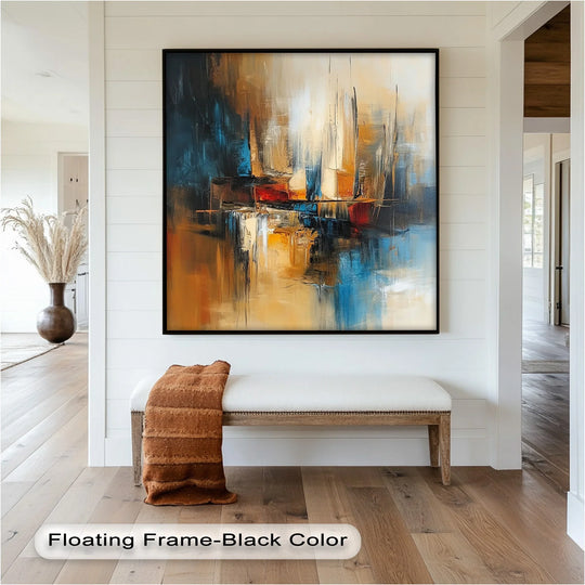 The darkest area showcases the contrast in this abstract oil painting art prints of sailboats reflecting a sunset, with vivid blues against the warm, textured canvas.