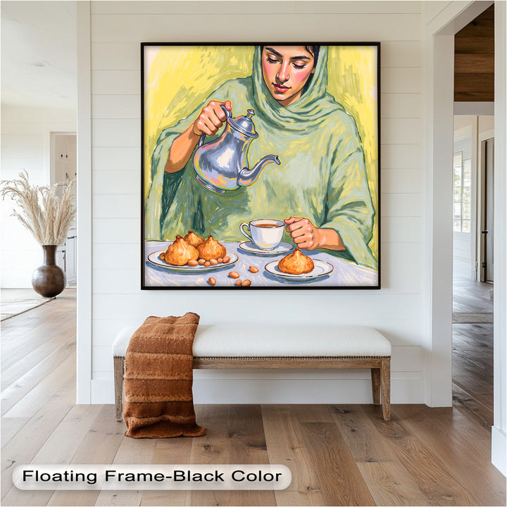 Woman Pouring Tea with Traditional Sweets - Food Painting