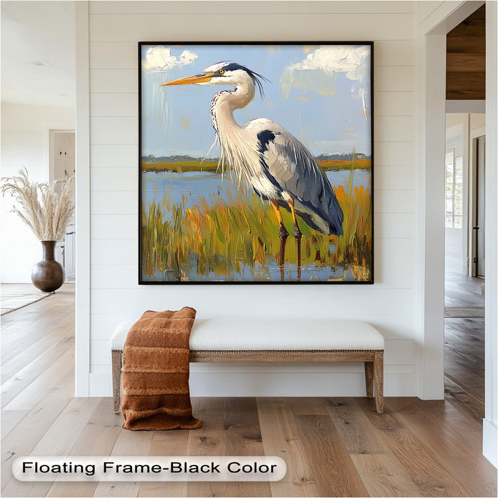 Heron in Sunlit Wetlands – Modern Oil Painting