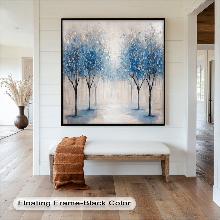Misty Blue Blossom Trees Wall Art – Floral Oil Painting