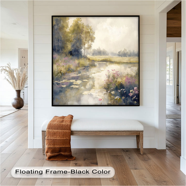 Water lilies float gracefully on the tranquil surface, inviting peaceful contemplation.