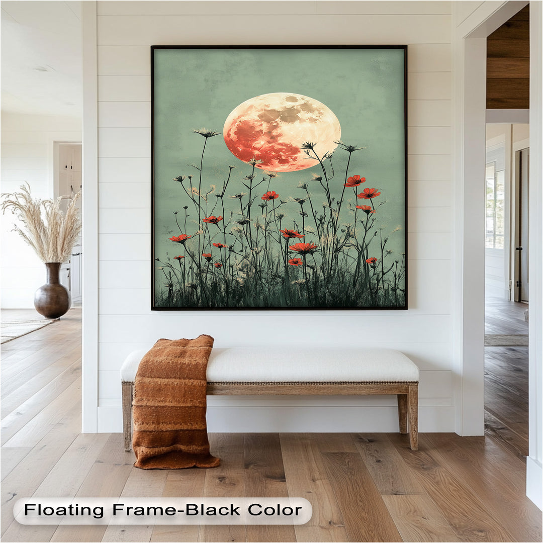 Celestial Wildflowers – Full Moon Over Red Meadow Blooms Oil Painting