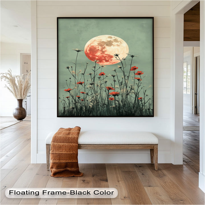 Celestial Wildflowers – Full Moon Over Red Meadow Blooms Oil Painting
