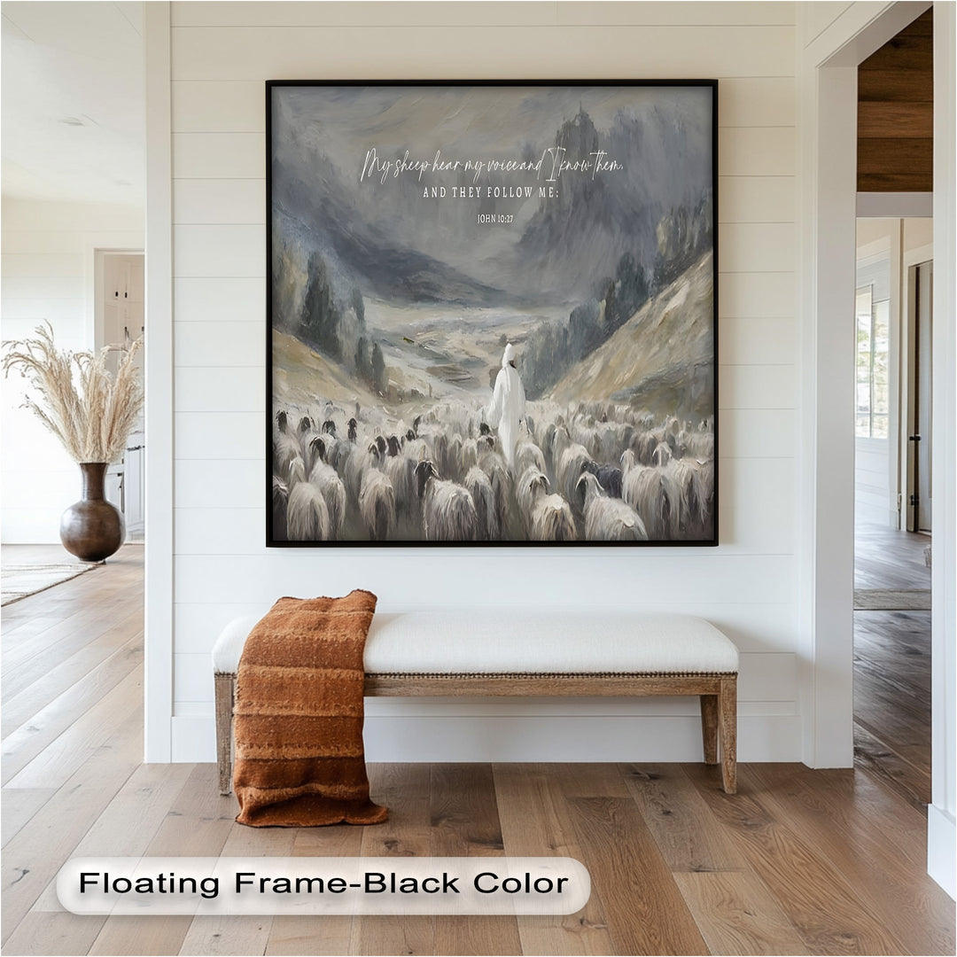 Inspirational pastoral scene with Jesus leading his followers through rugged terrain.
