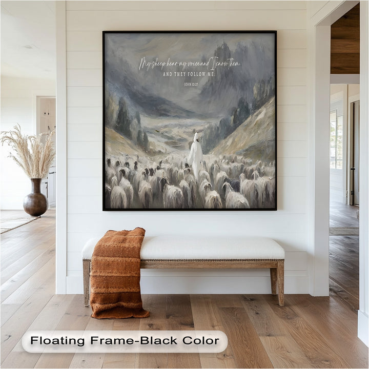 Inspirational pastoral scene with Jesus leading his followers through rugged terrain.
