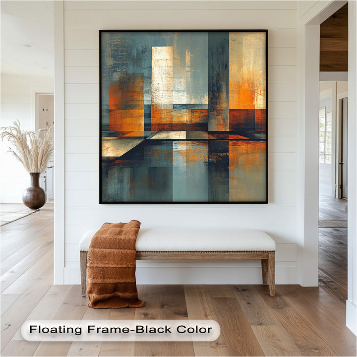 Modern cityscape wall art featuring bold blocks and warm hues.
