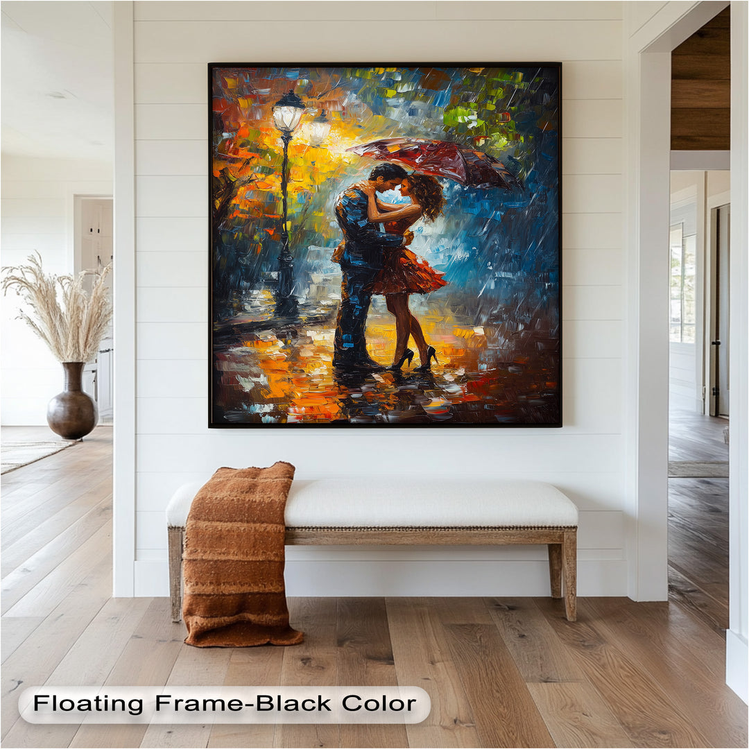 Evening Embrace – Romantic Rainy Street Scene Love Oil Painting