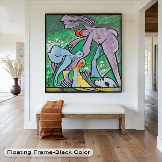 The artist's vibrant use of color transitions creates depth and emotion in this oil painting reproduction print of reclining nudes in nature, inspired by Picasso.
