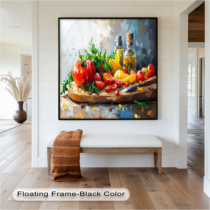 Tomato & Olive Oil Kitchen Art – Colorful Framed Oil Painting
