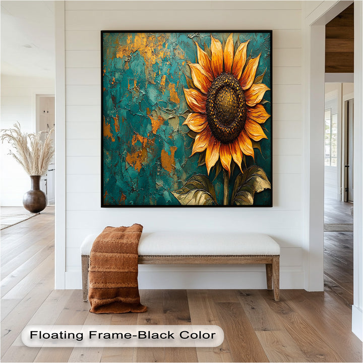 Sunflower on Textured Teal - Flower Oil Painting
