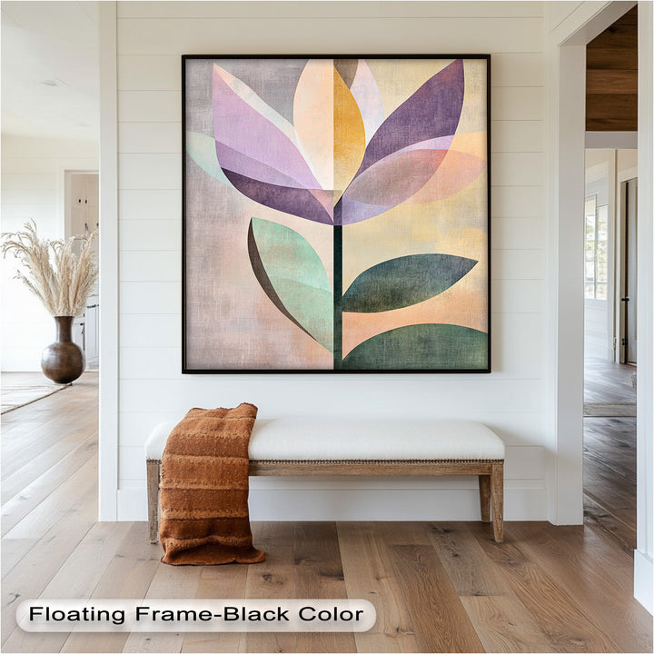 Purple Bloom – Minimalistisches geometrisches Blumenölgemälde