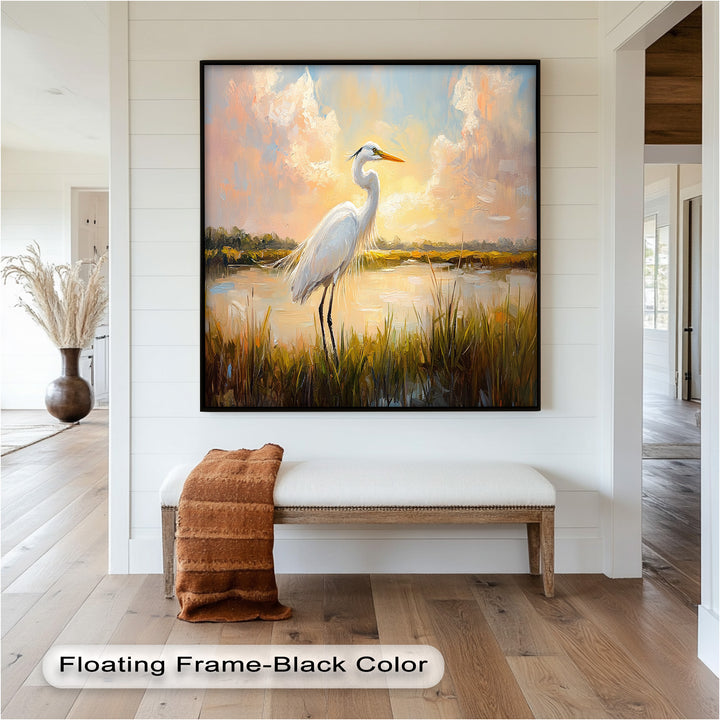 White Egret at Sunset – Animal Oil Painting