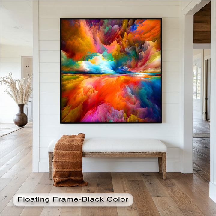 A stunning framed wall art piece with intense color gradients, evoking a fantasy-inspired skyscape that blends realism with expressive abstraction