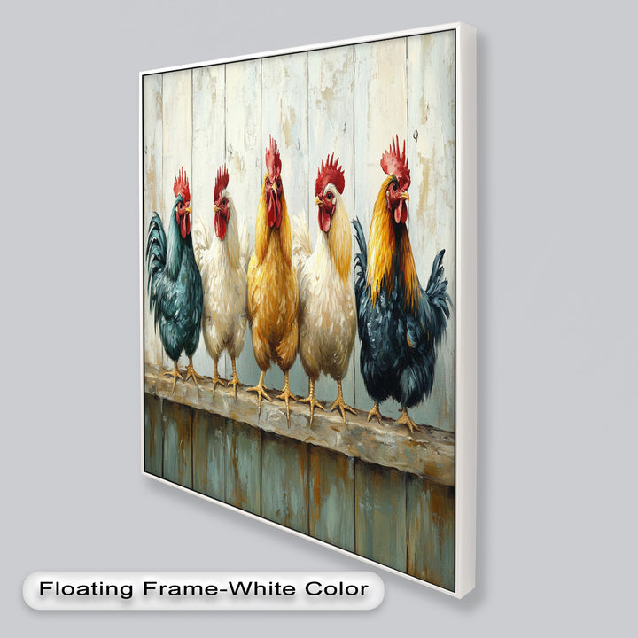 Colorful Roosters on a Wooden Fence – Animal Oil Painting