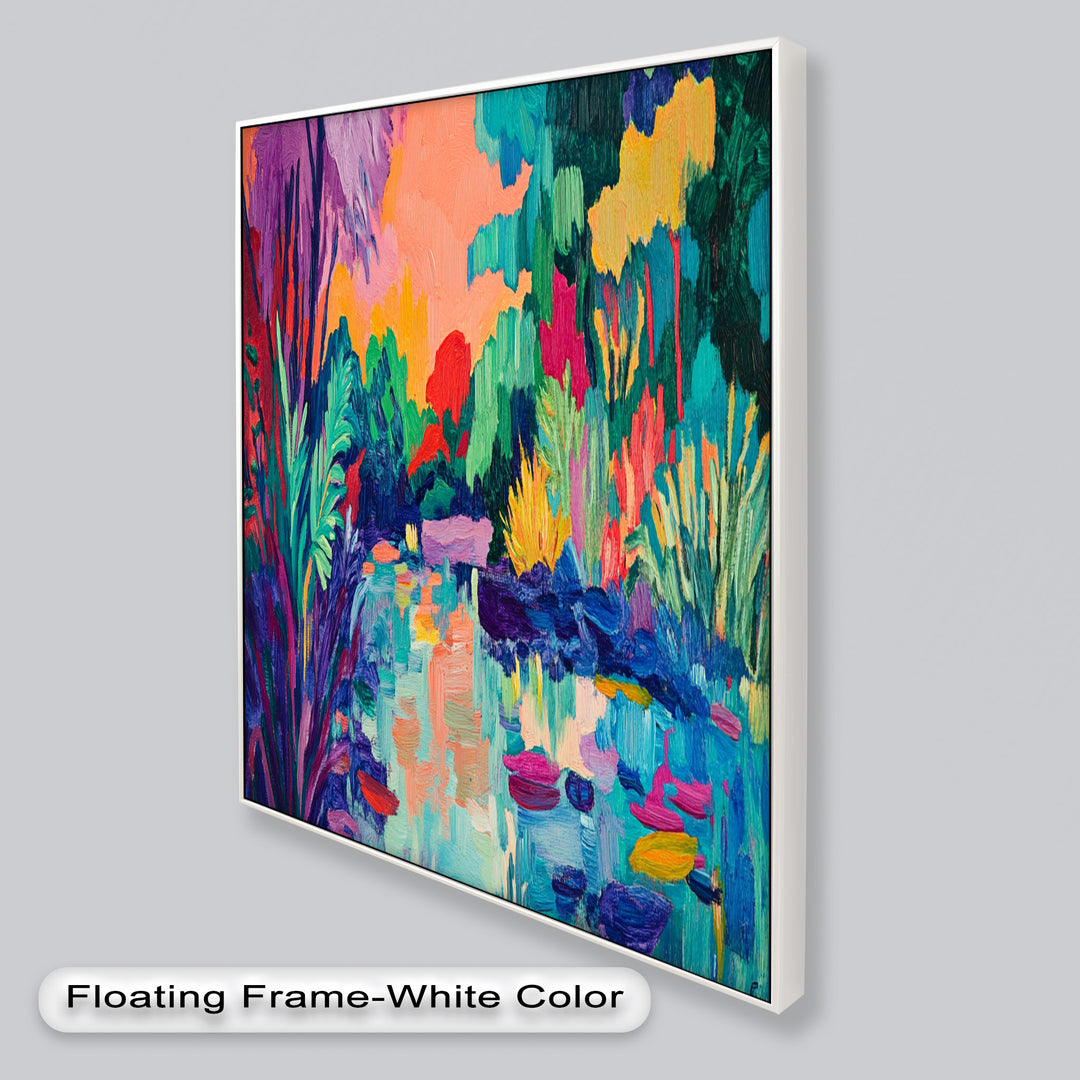 Sunset Reflections Oil Painting – Fauvist Lakeside Dreamscape