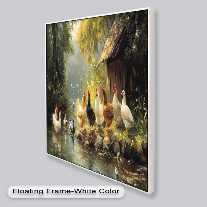 Country Farmyard Chickens by the Stream – Animal Oil Painting