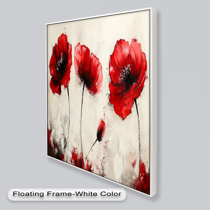 Crimson Elegance – Bold Red Poppies on Cream Flower Oil Painting