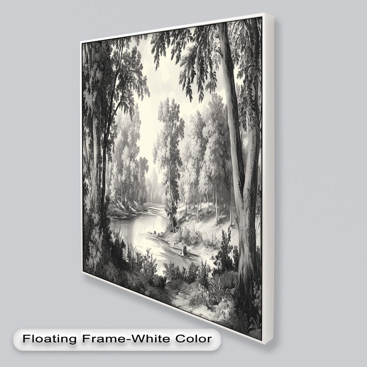 Zeitloser Waldfluss – Monochromes Landschaftsölgemälde