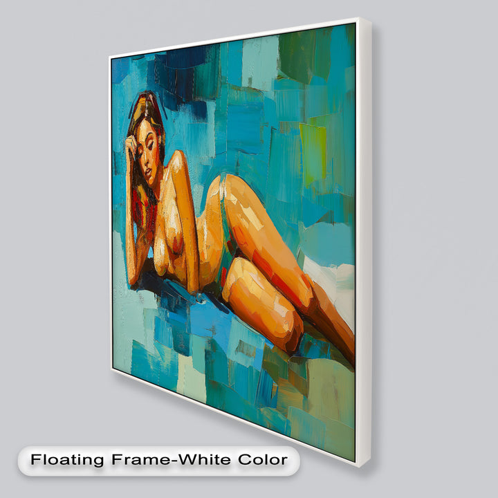Tropical Repose – Reclining Woman with Ocean Tones Oil Painting