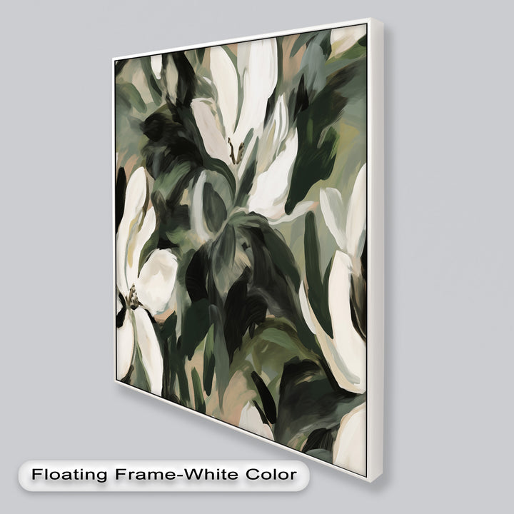 Cream Blooms in Forest Green - Flower Oil Painting