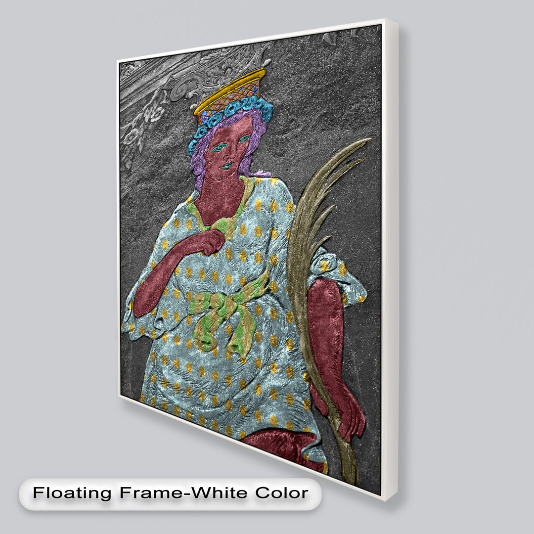 Geheiligte Blüte – Polychromes Engelrelief-Ölgemälde
