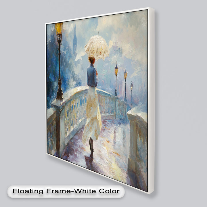 Woman with Umbrella on Cobblestone Bridge – Oil Painting