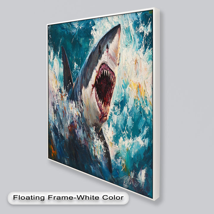 Ferocious Shark Emerging from Turbulent Waters – Animal Oil Painting