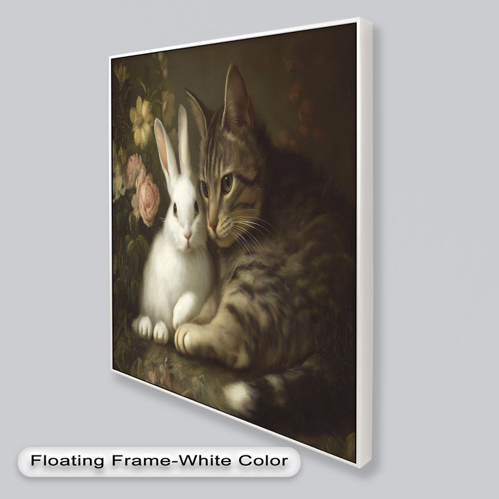 Cat and Rabbit in Floral Harmony - Animal Oil Painting