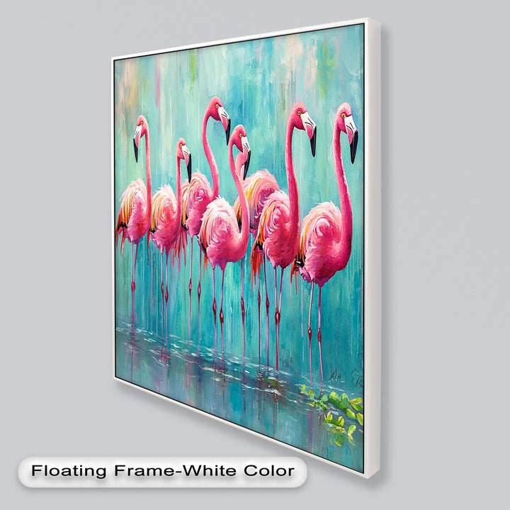 Flamingoschwarm auf dem Wasser – Tierölgemälde