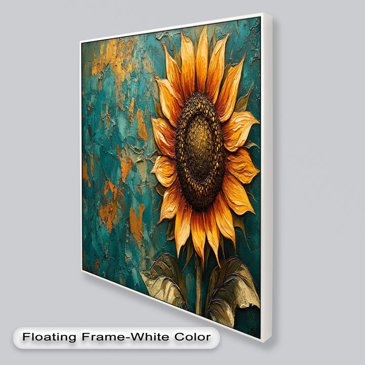 Sunflower on Textured Teal - Flower Oil Painting