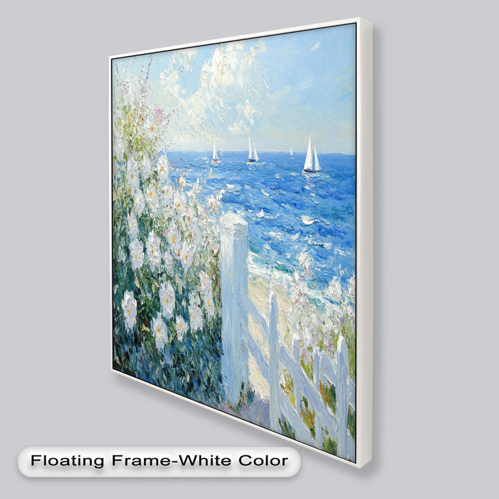White Rose Garden with Sailboats – Impressionist Oil Painting