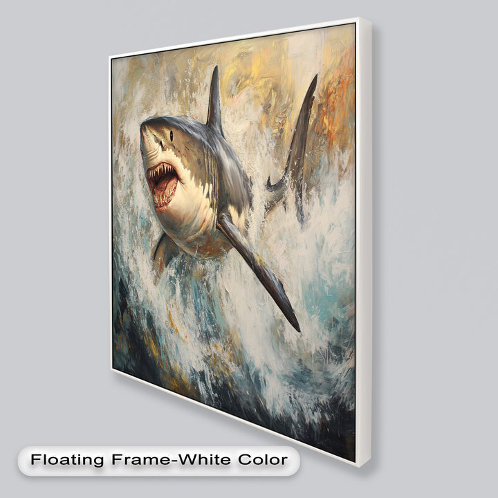 Ferocious Great White Shark Leaping Through Waves - Animal Oil Painting