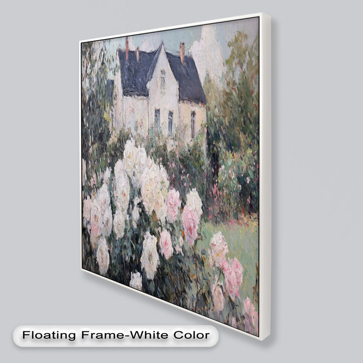 Cottage Garden Roses – Impressionist Floral House Scene Oil Painting